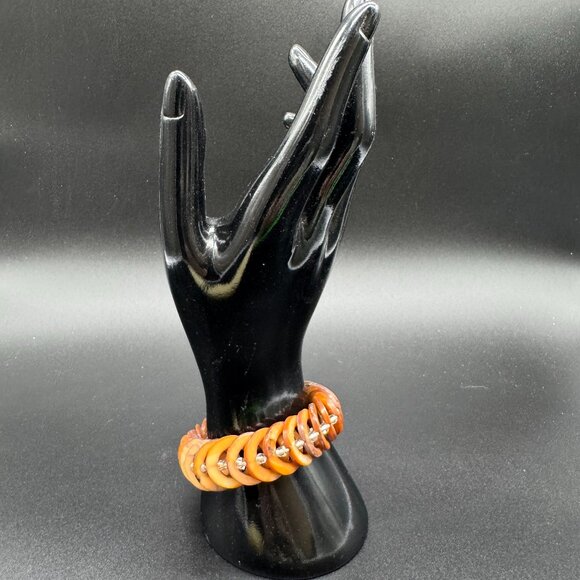 Vintage Stretchy Bracelet Dyed Abalone Shells Rings Rust Autumn Colours - Picture 3 of 4